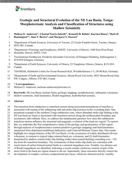 Geologic and Structural Evolution of the NE Lau Basin, Tonga: Morphotectonic Analysis and Classification of Structures Using Shallow Seismicity