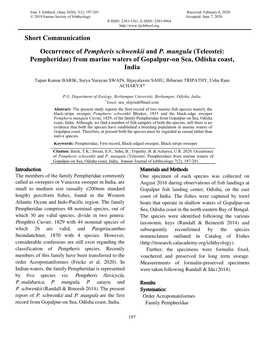 Short Communication Occurrence of Pempheris Schwenkii and P. Mangula (Teleostei: Pempheridae) from Marine Waters of Gopalpur-On