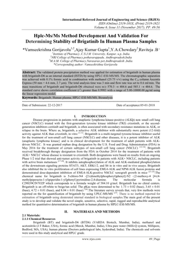 Hplc-Ms/Ms Method Development and Validation for Determining Stability of Brigatinib in Human Plasma Samples
