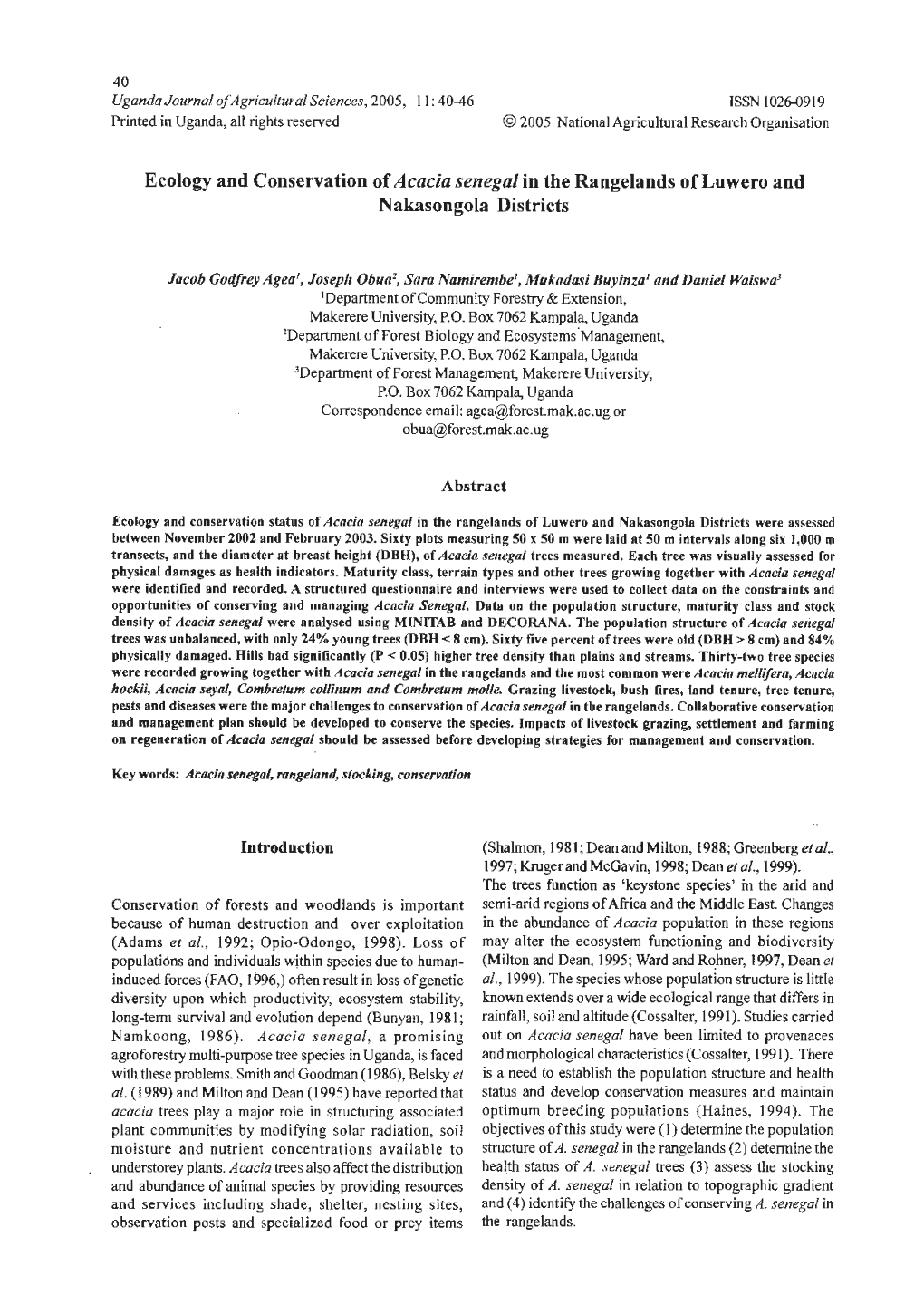 Ecology and Conservation of Acacia Senegal in the Rangelands Ofluwero and Nakasongola Districts