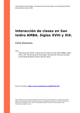 Interacción De Clases En San Isidro AMBA. Siglos XVIII Y XIX