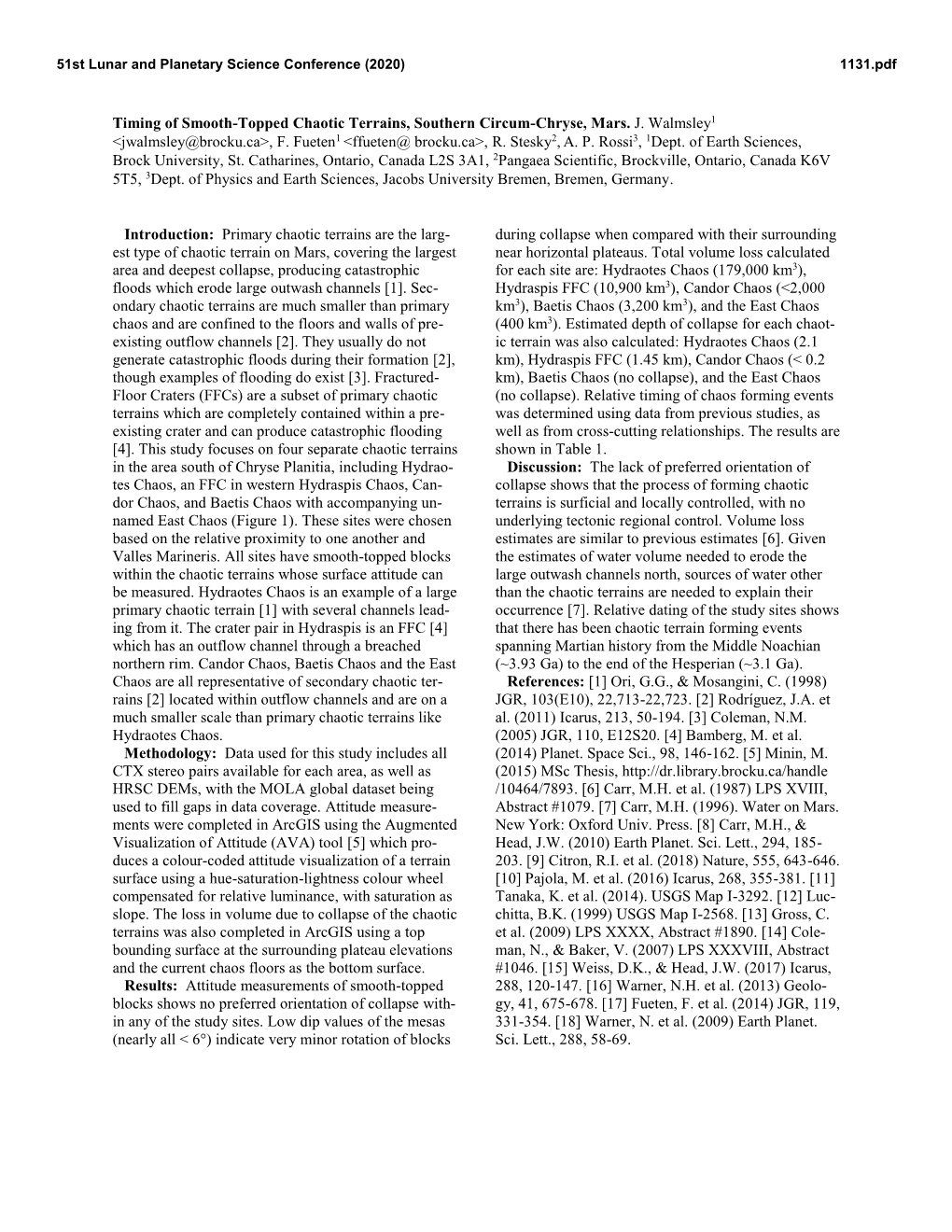 Timing of Smooth-Topped Chaotic Terrains, Southern Circum-Chryse, Mars