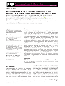 In Vitro Pharmacological Characterization of a Novel Unbiased NOP Receptor-Selective Nonpeptide Agonist AT-403 Federica Ferrari1, Davide Malfacini1, Blair V