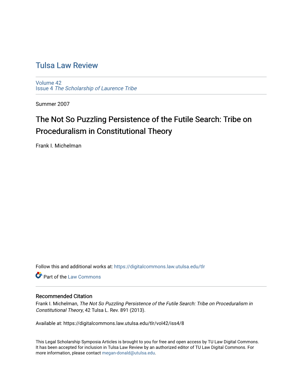 Tribe on Proceduralism in Constitutional Theory