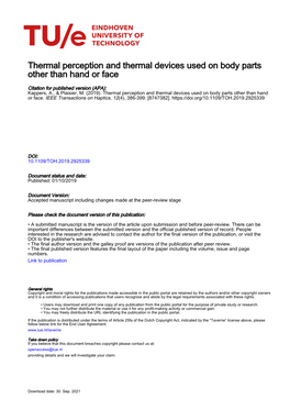 Thermal Perception and Thermal Devices Used on Body Parts Other Than Hand Or Face