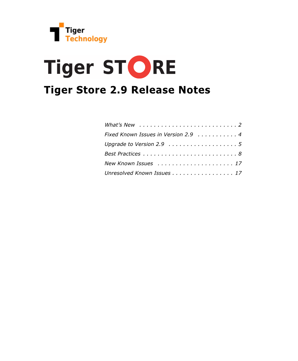 Tiger Store 2.9 Release Notes