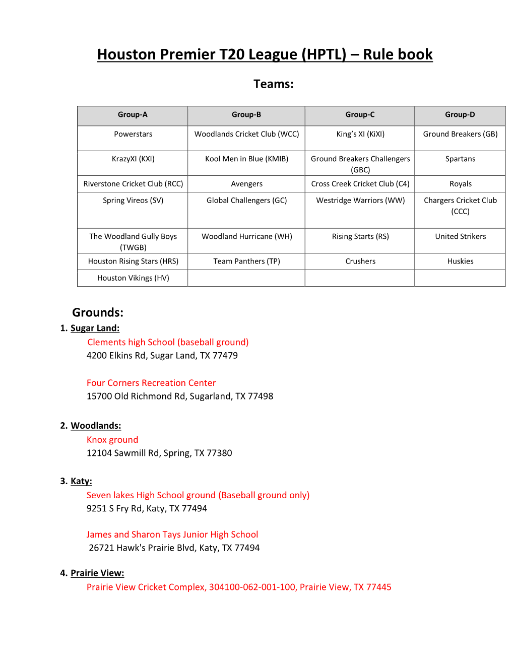 Houston Premier T20 League (HPTL) – Rule Book