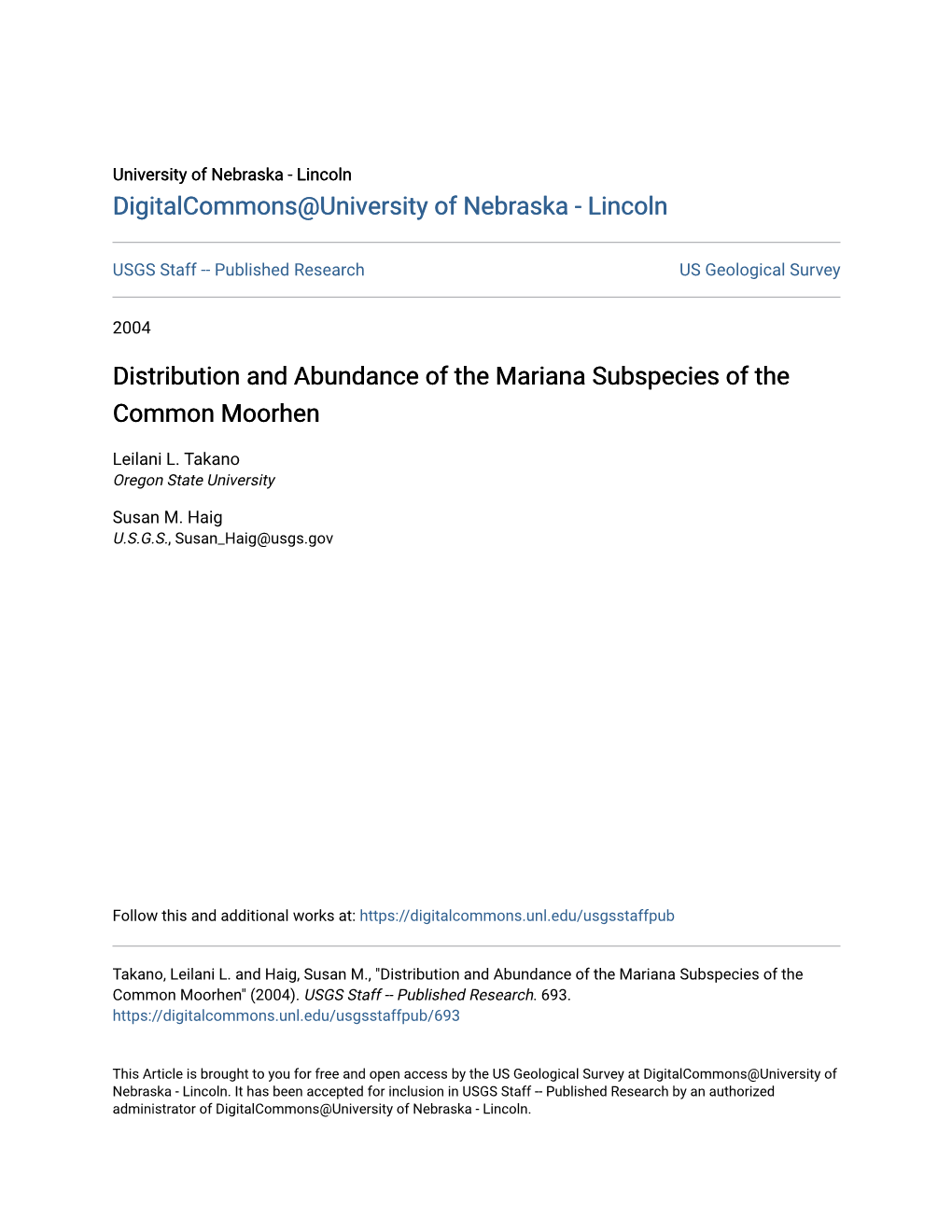 Distribution and Abundance of the Mariana Subspecies of the Common Moorhen