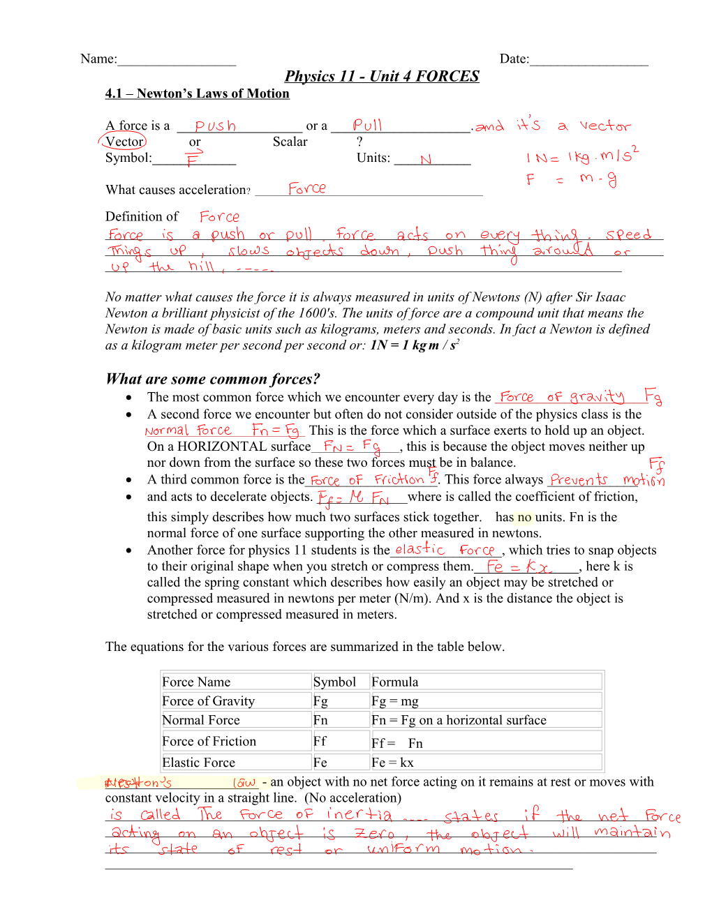 Physics 11 - Unit 4 FORCES s1