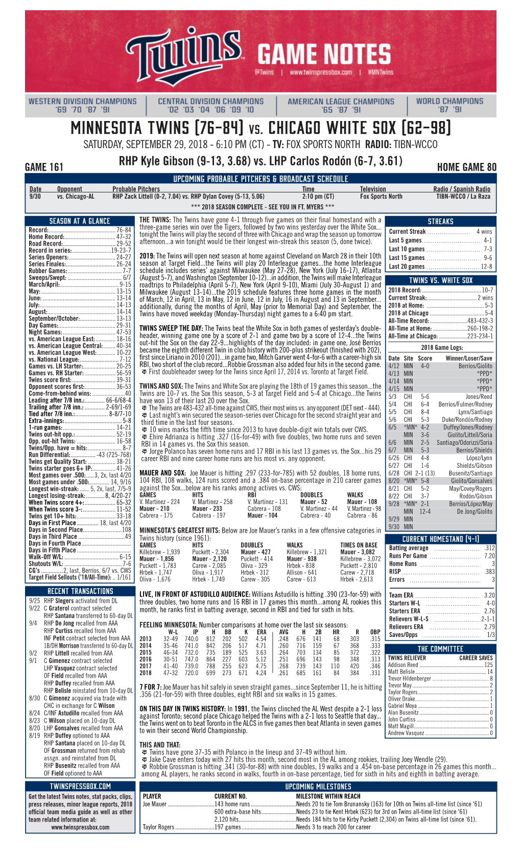 Minnesota Twins (76-84) Vs. Chicago White Sox (62-98) Saturday, September 29, 2018 - 6:10 Pm (Ct) - Tv: Fox Sports North Radio: Tibn-Wcco