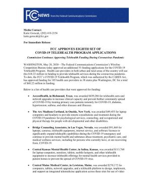 FCC Approves Eighth Set of COVID-19 Telehealth Program