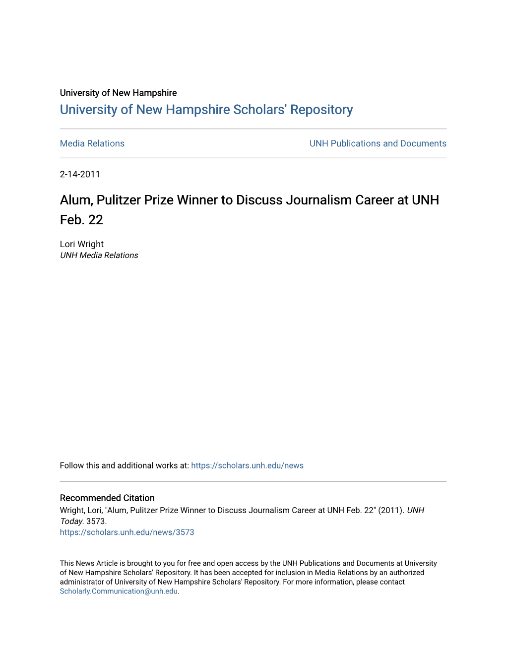 Alum, Pulitzer Prize Winner to Discuss Journalism Career at UNH Feb. 22