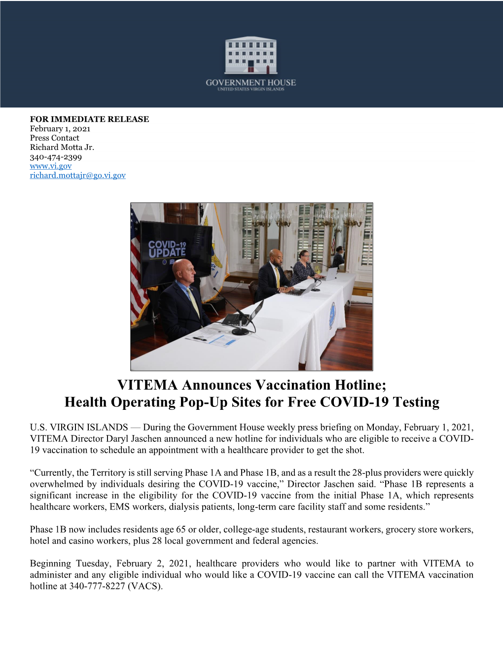 VITEMA Announces Vaccination Hotline; Health Operating Pop-Up Sites for Free COVID-19 Testing