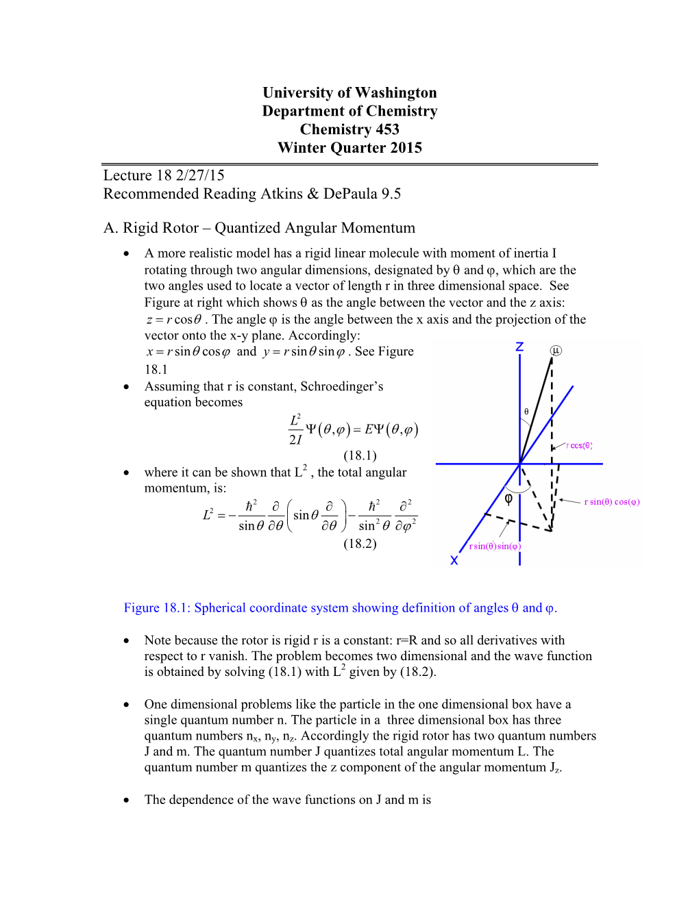 Rigid Rotor – Quantized Angular Momentum