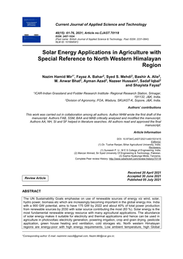 Solar Energy Applications in Agriculture with Special Reference to North Western Himalayan Region
