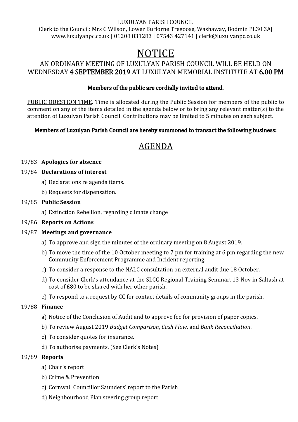 Agenda Below Or to Bring Any Relevant Matter(S) to the Attention of Luxulyan Parish Council