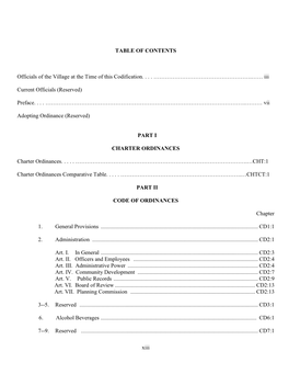 Xiii TABLE of CONTENTS Officials of the Village at the Time of This Codification