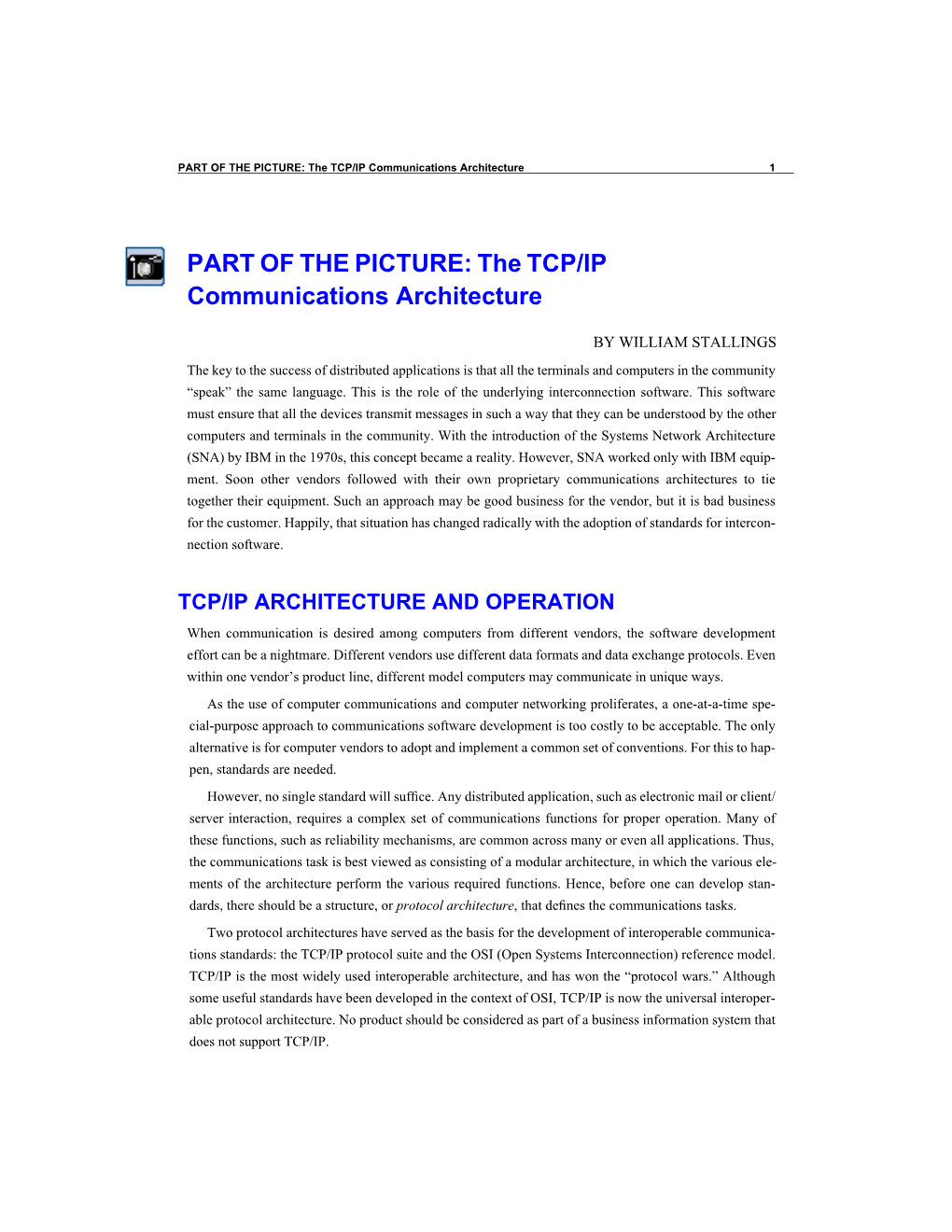 PART of the PICTURE: the TCP/IP Communications Architecture 1