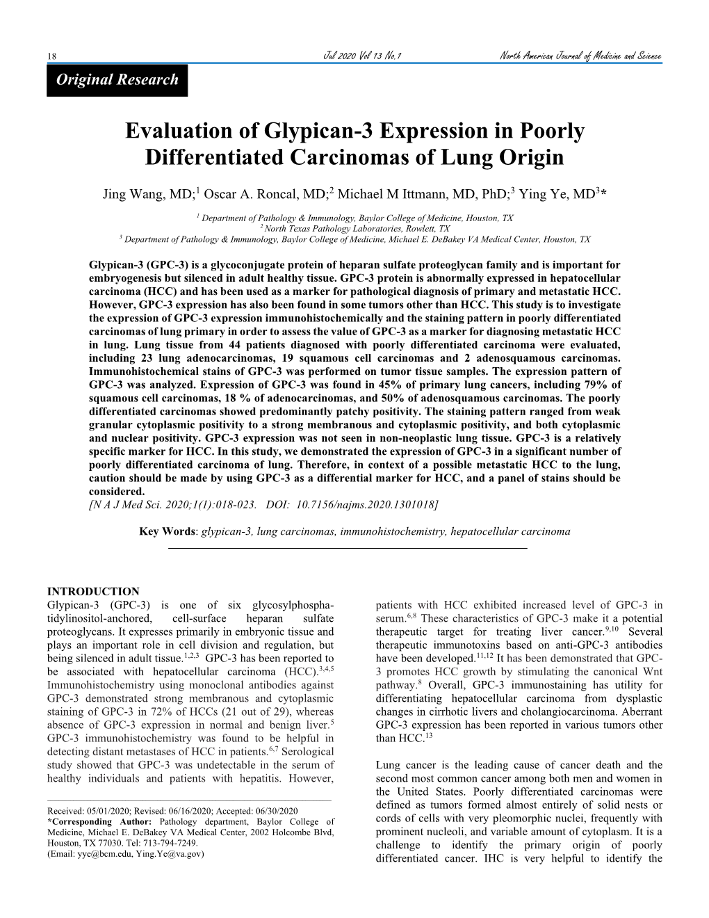 Evaluation of Glypican-3 Expression in Poorly Differentiated Carcinomas of Lung Origin