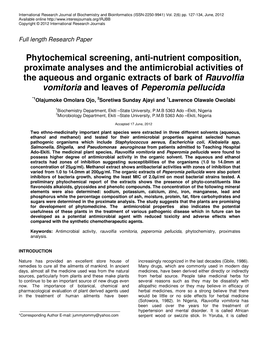 Phytochemical Screening, Anti-Nutrient Composition, Proximate Analyses and the Antimicrobial Activities of the Aqueous and Organ