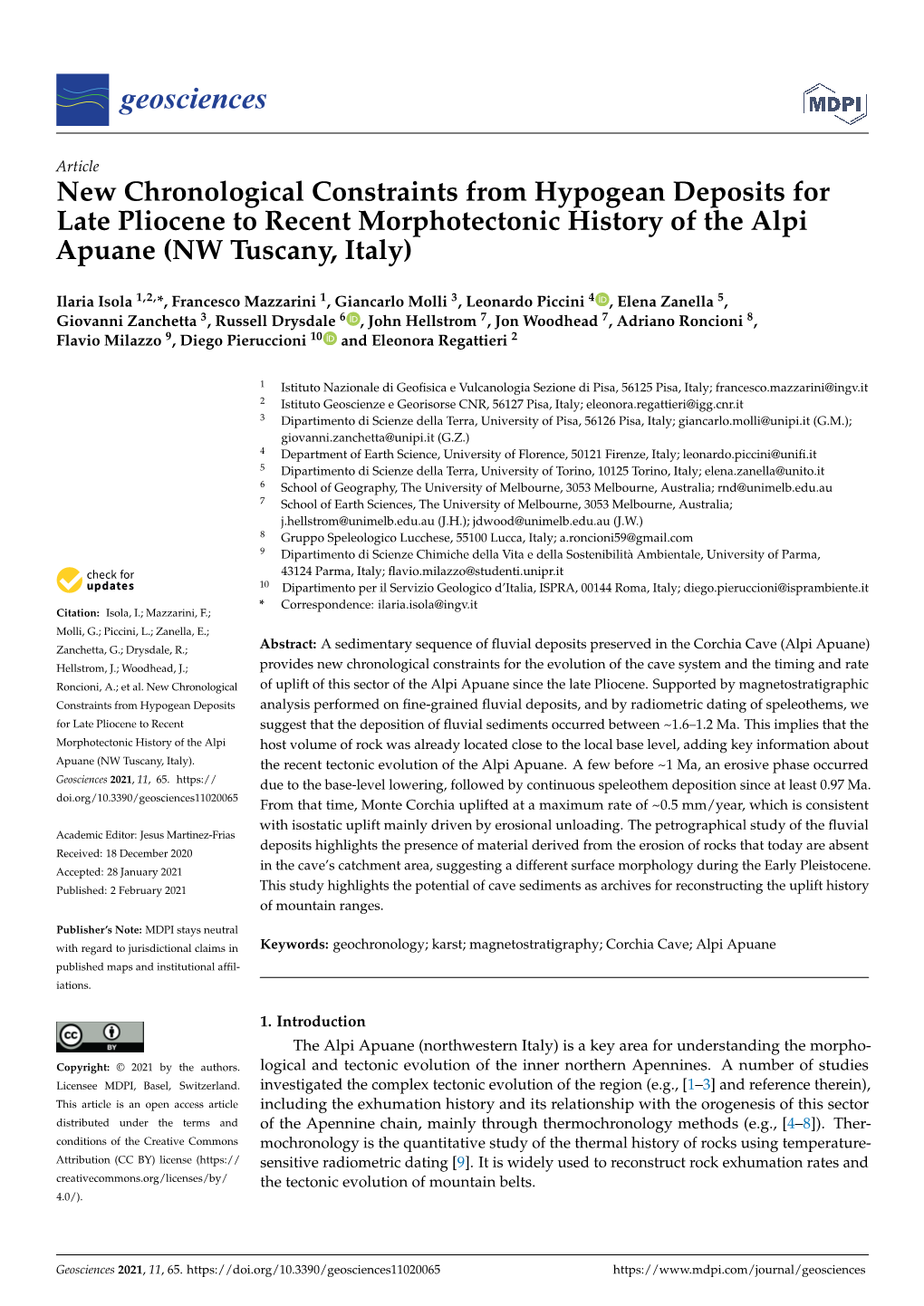 New Chronological Constraints from Hypogean Deposits for Late Pliocene to Recent Morphotectonic History of the Alpi Apuane (NW Tuscany, Italy)