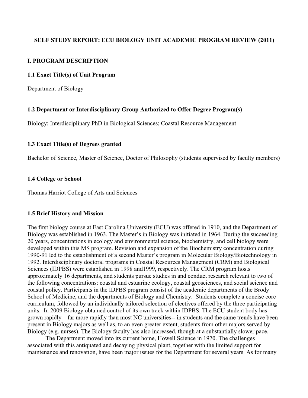 Self Study Report: Ecu Biology Unit Academic Program Review (2011)