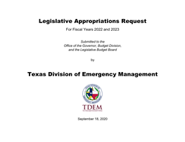 Legislative Appropriations Request for Fiscal Years 2022 and 2023
