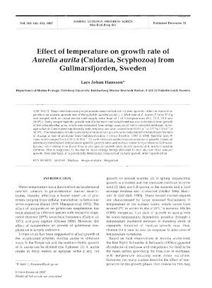Effect of Temperature on Growth Rate of Aurelia Aurita (Cnidaria, Scyphozoa) from Gullmarsfjorden, Sweden