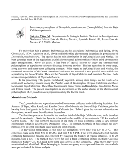 Inversion Polymorphism of Drosophila Pseudoobscura (Drosophilidae) from the Baja California Peninsula