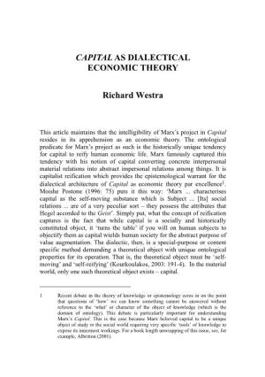 Capital' As Dialectical Economic Theory