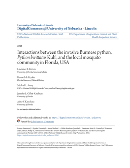 Interactions Between the Invasive Burmese Python, Python Bivittatus Kuhl, and the Local Mosquito Community in Florida, USA Lawrence E