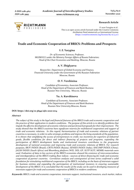 Trade and Economic Cooperation of BRICS: Problems and Prospects