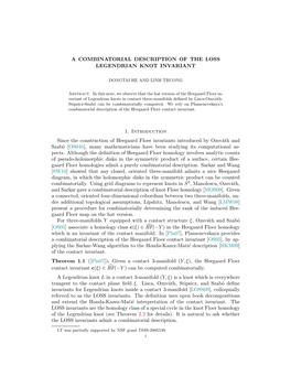 A COMBINATORIAL DESCRIPTION of the LOSS LEGENDRIAN KNOT INVARIANT 1. Introduction Since the Construction of Heegaard Floer Invar