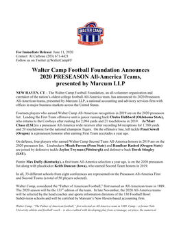 Walter Camp Football Foundation Announces 2020 PRESEASON All-America Teams, Presented by Marcum LLP