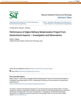 Performance of Digboi Refinery Modernization Project from Geotechnical Aspects — Investigation and Observations