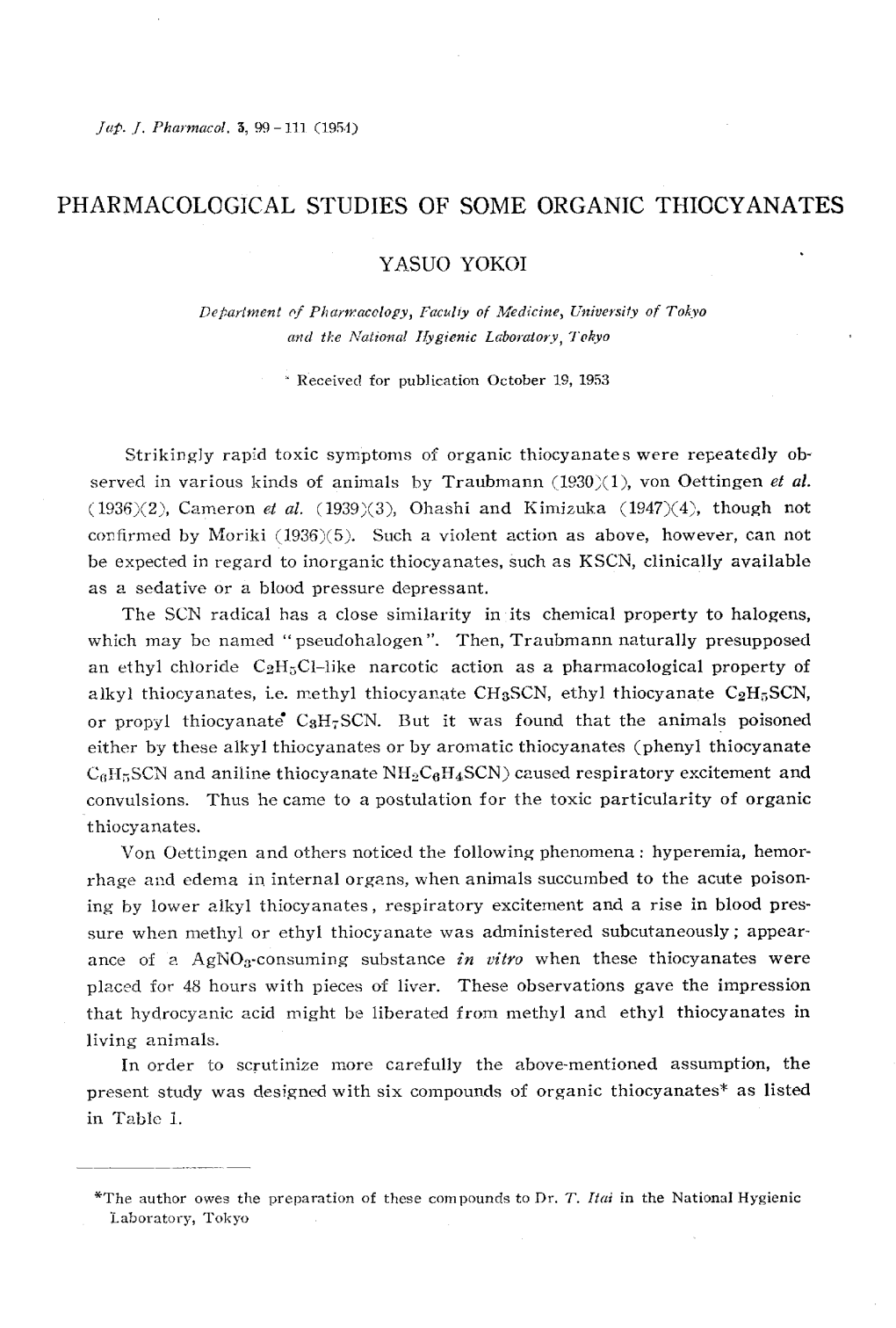 Pharmacological Studies of Some Organic Thiocyanates