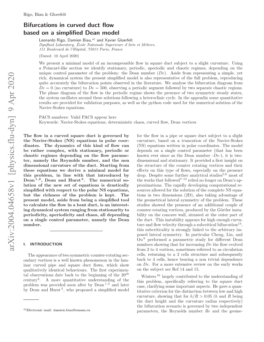 Bifurcations in Curved Duct Flow Based on a Simplified Dean Model