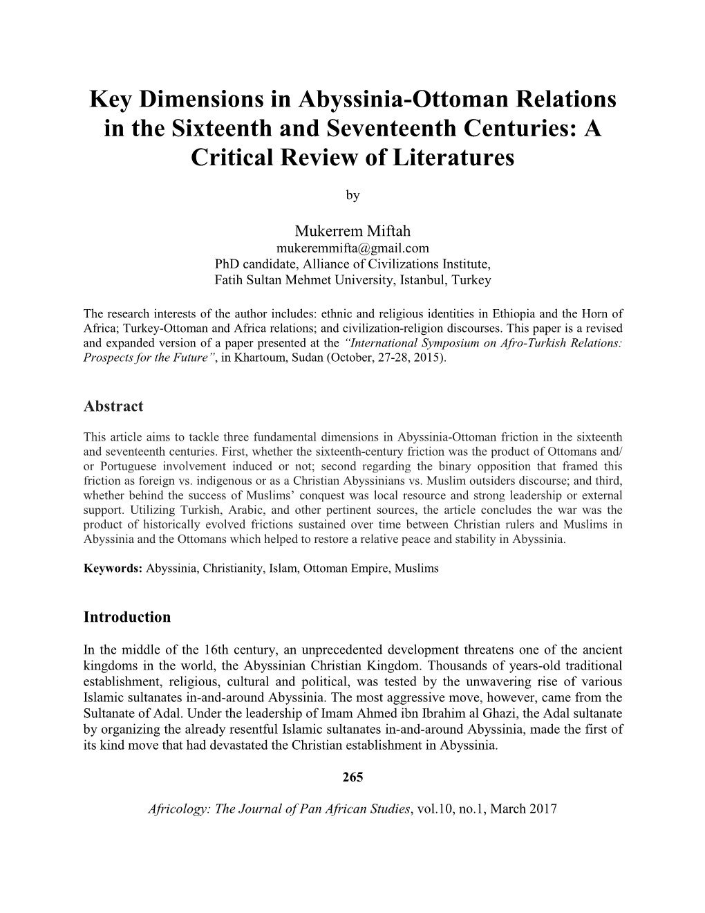 Key Dimensions in Abyssinia-Ottoman Relations in the Sixteenth and Seventeenth Centuries: a Critical Review of Literatures