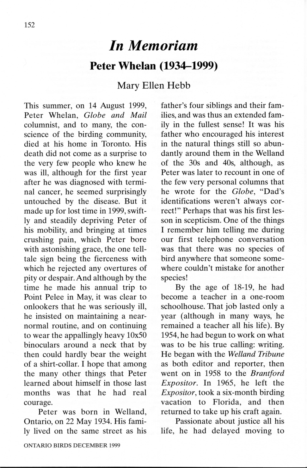 In Memoriam Peter Whelan (1934-1999) Mary Ellen Hebb