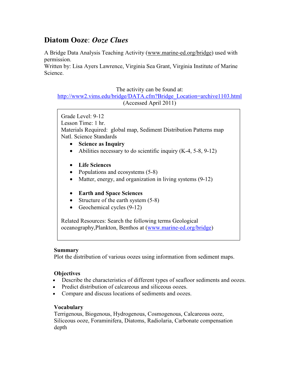 Diatom Ooze: Ooze Clues a Bridge Data Analysis Teaching Activity ( Used with Permission