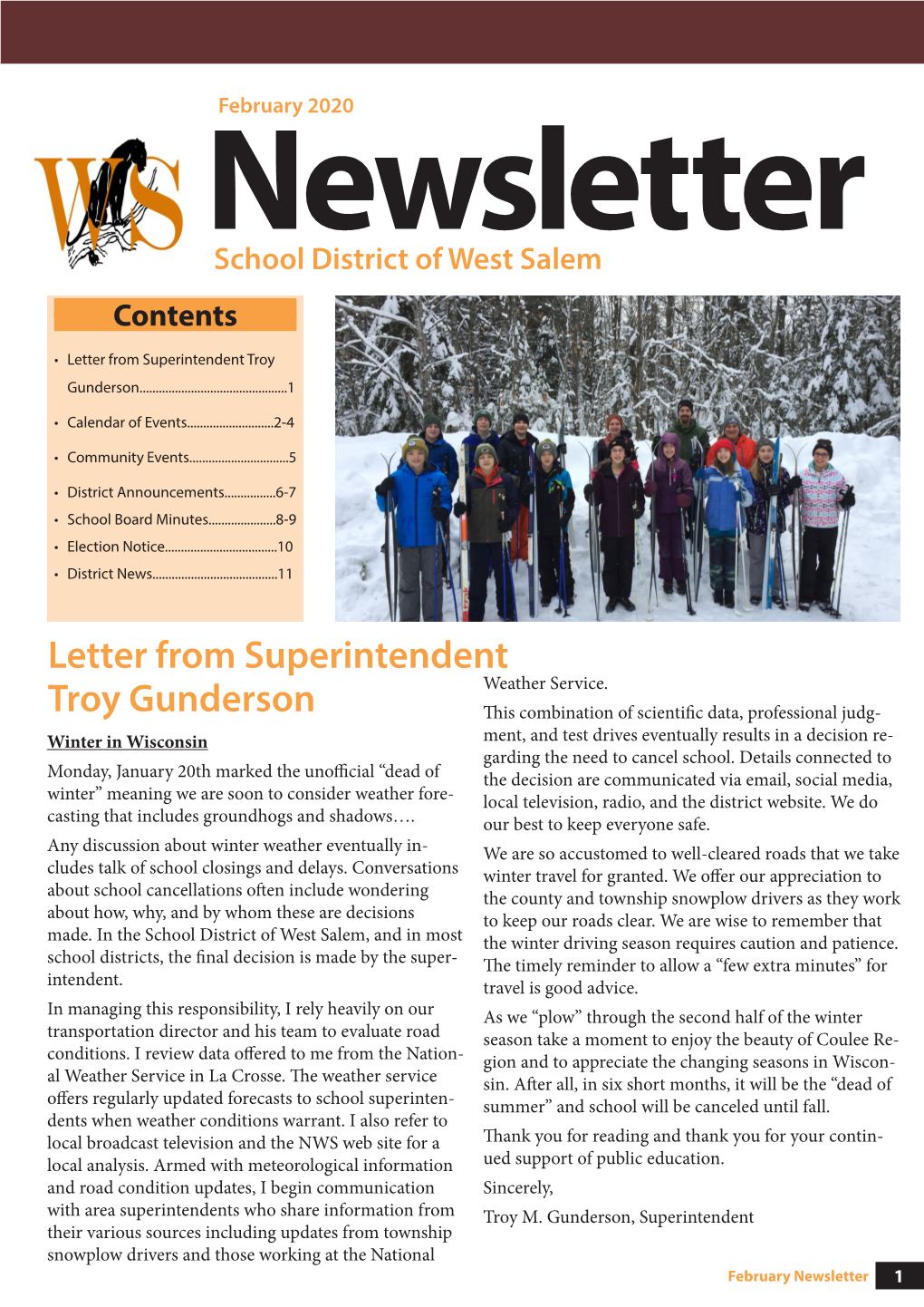 February 2020 Newsletter School District of West Salem Contents