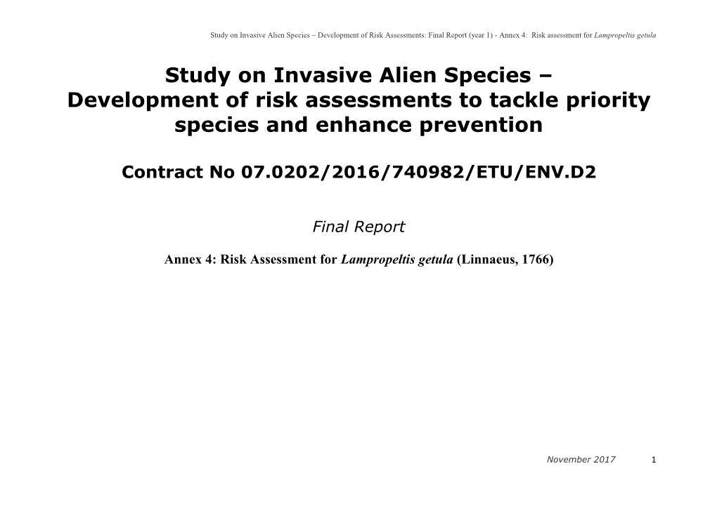 Study on Invasive Alien Species – Development of Risk Assessments: Final Report (Year 1) - Annex 4: Risk Assessment for Lampropeltis Getula