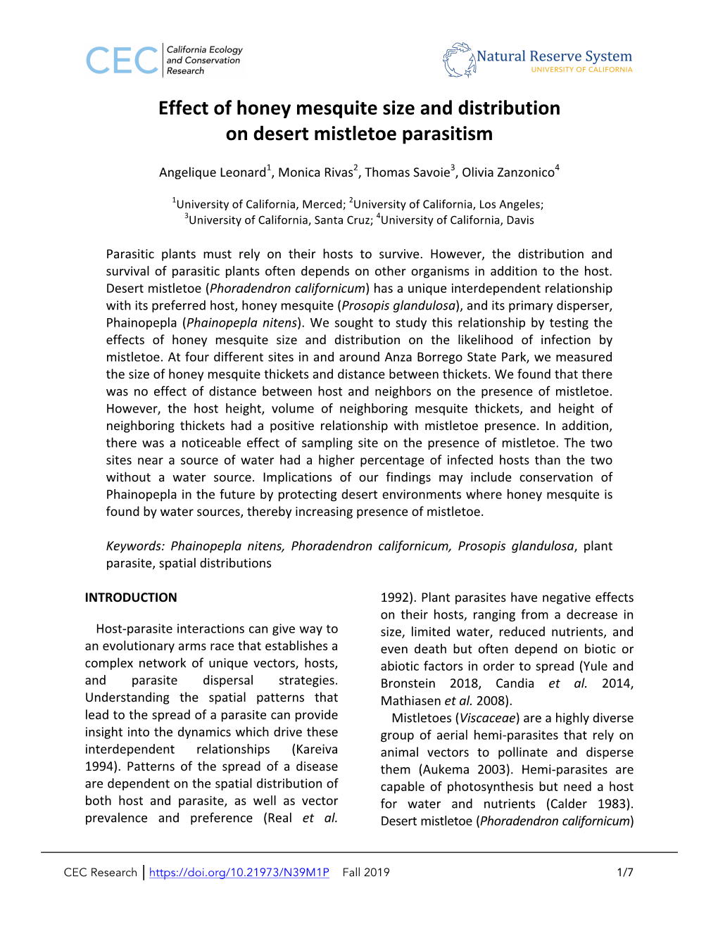 Effect of Honey Mesquite Size and Distribution on Desert Mistletoe Parasitism