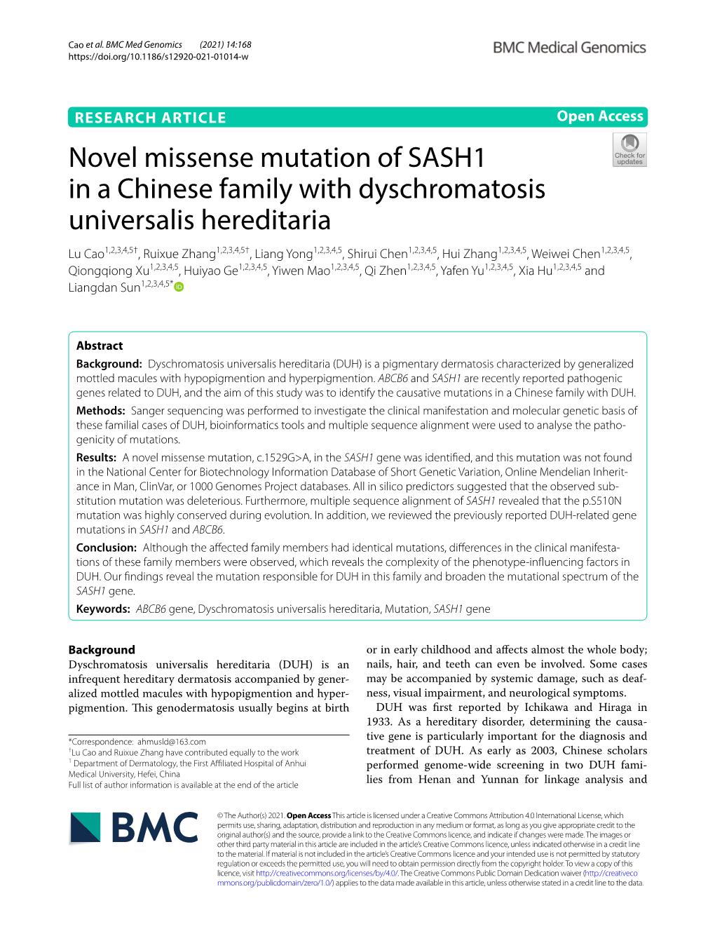 Novel Missense Mutation of SASH1 in a Chinese Family With