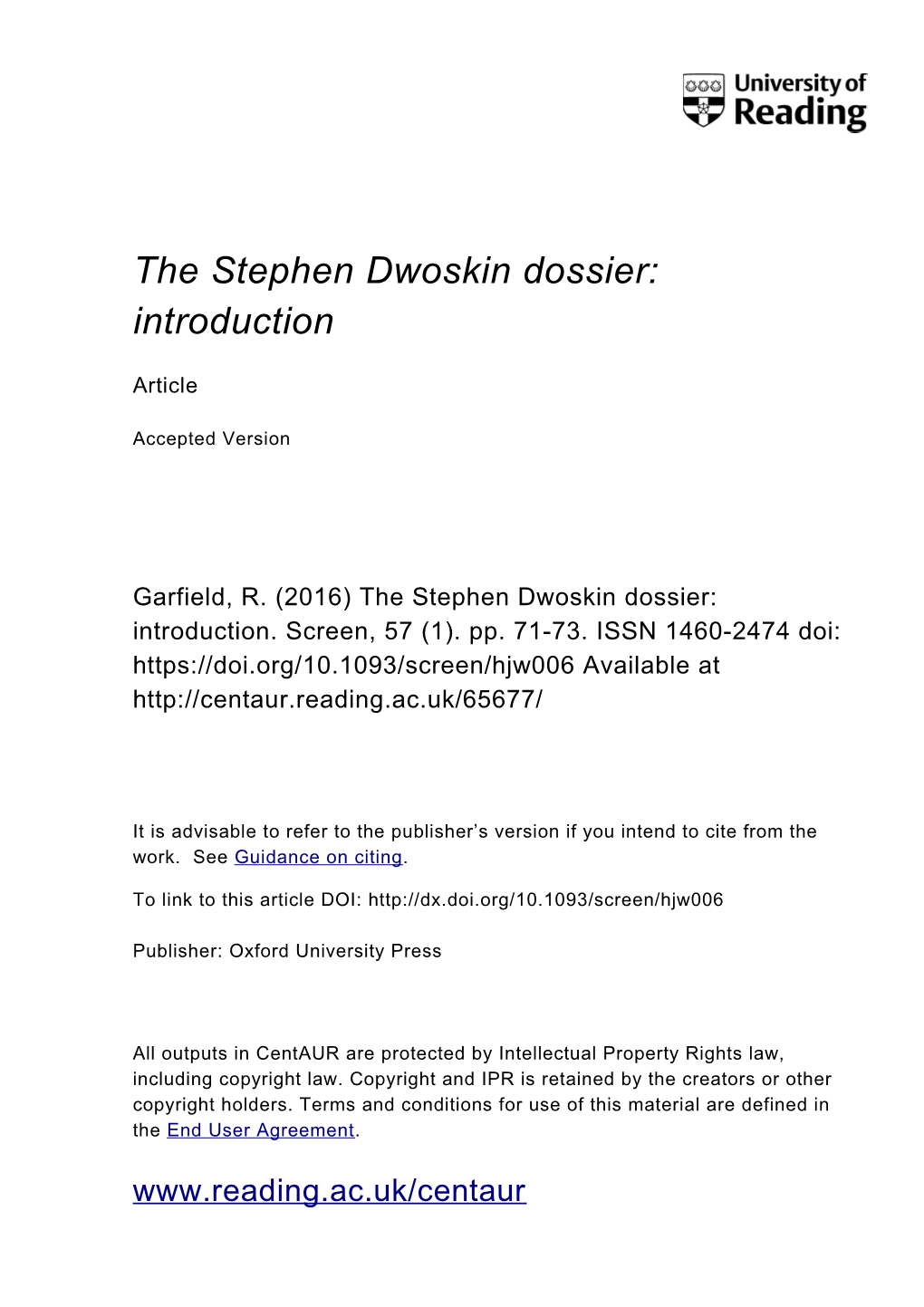 The Stephen Dwoskin Dossier: Introduction