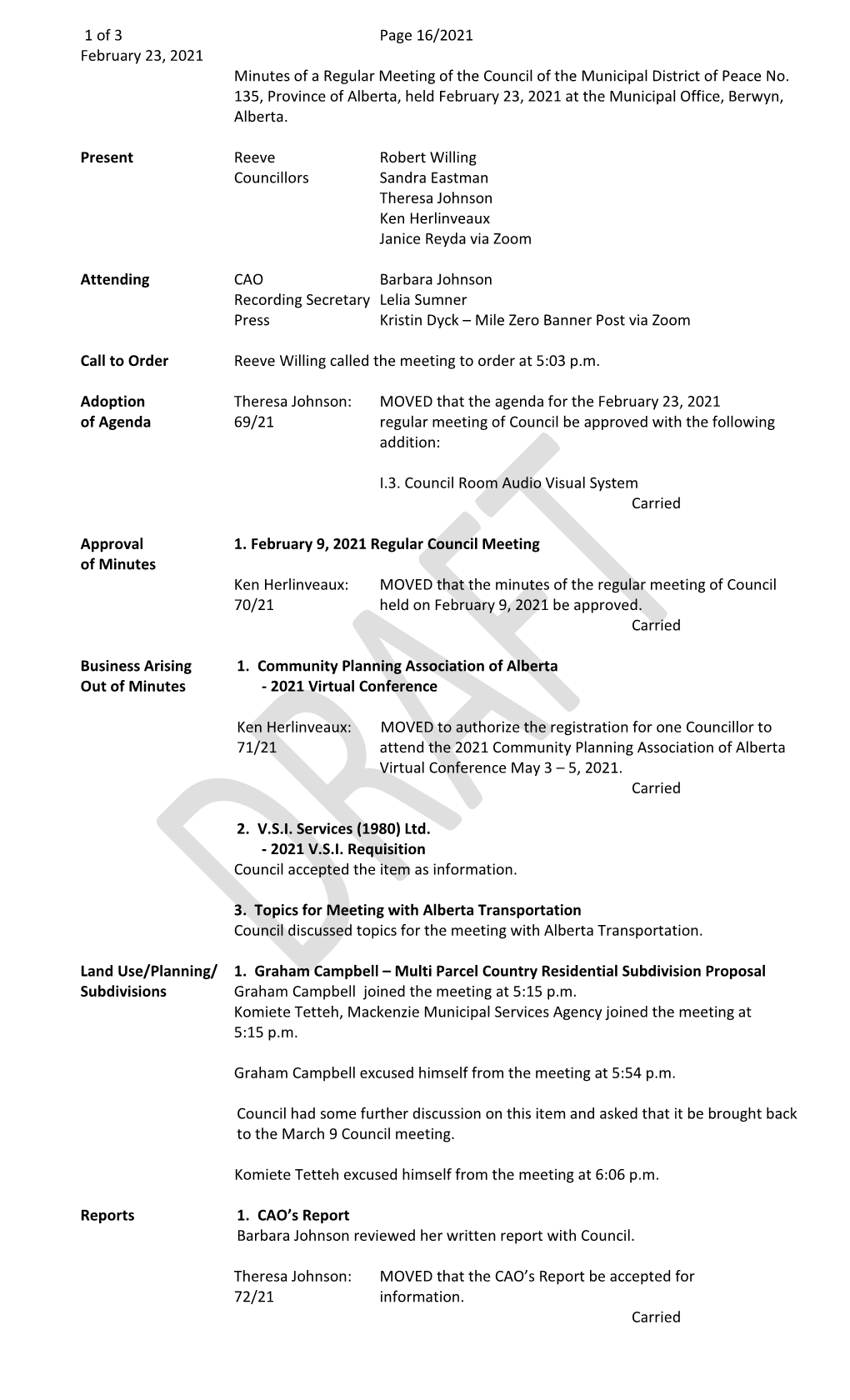 1 of 3 Page 16/2021 February 23, 2021 Minutes of a Regular Meeting of the Council of the Municipal District of Peace No