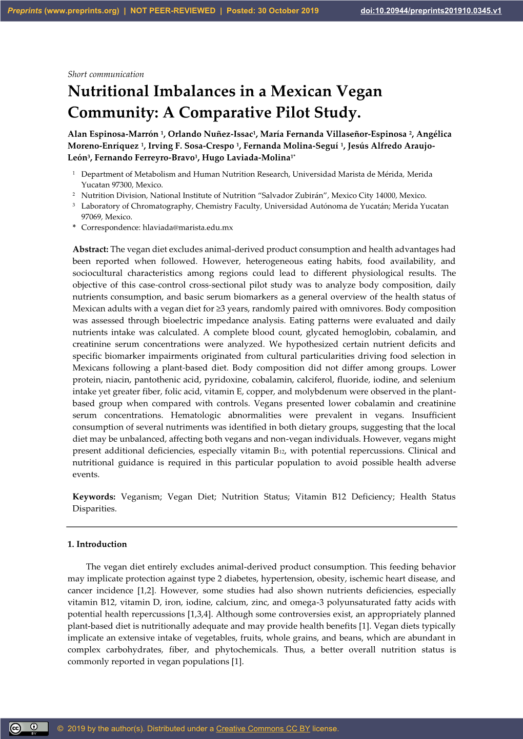 Nutritional Imbalances in a Mexican Vegan Community: a Comparative Pilot Study