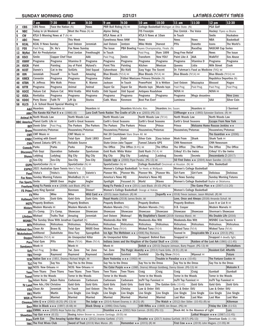 Sunday Morning Grid 2/21/21 Latimes.Com/Tv Times