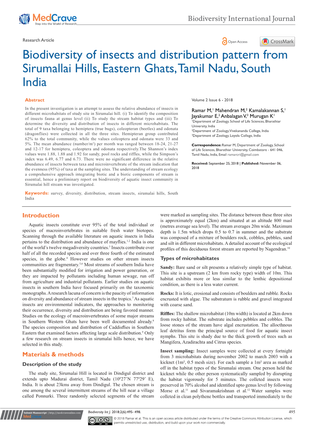 Biodiversity of Insects and Distribution Pattern from Sirumallai Hills, Eastern Ghats, Tamil Nadu, South India