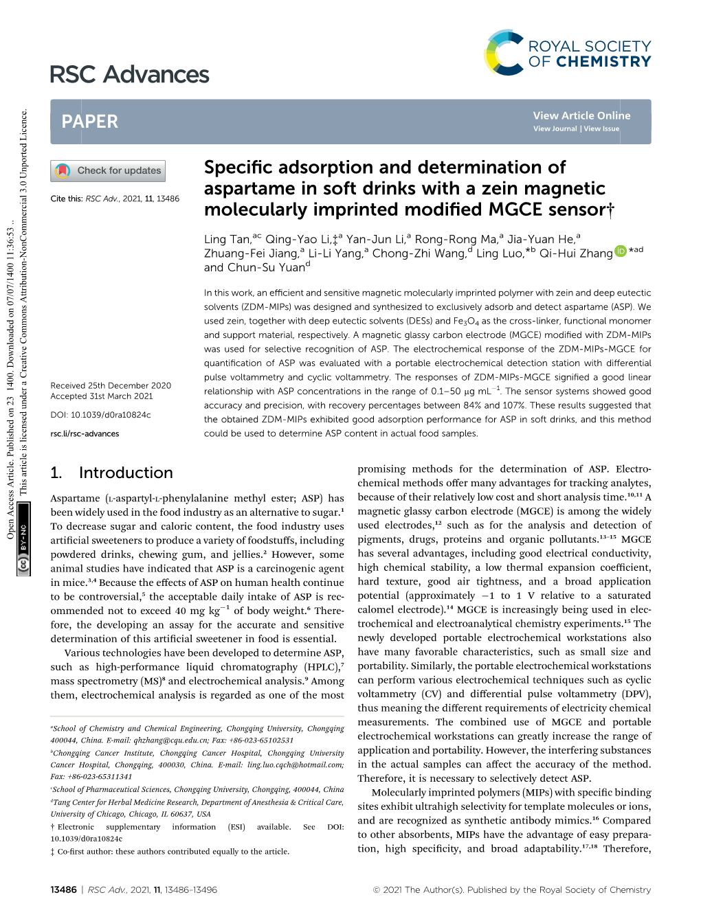 Specific Adsorption and Determination of Aspartame in Soft Drinks with A